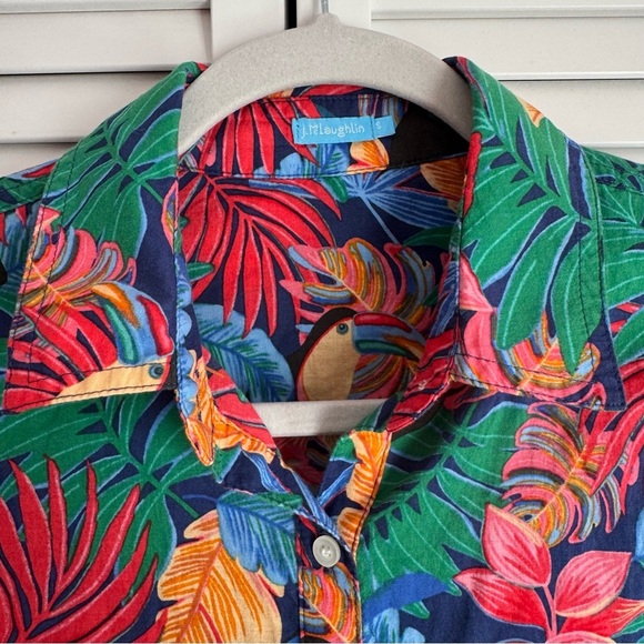 J McLaughlin Lois Blouse Shirt Mega Palm Pop Navy/Multicolor Tropical Small - Picture 3 of 7